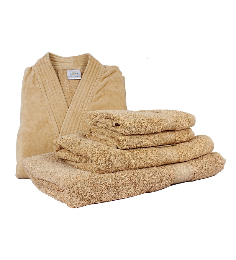 trident-beige-cotton-bathrobe---towel-set---set-of-4-trident-beige-cotton-bathrobe---towel-set---set-jmyxzy